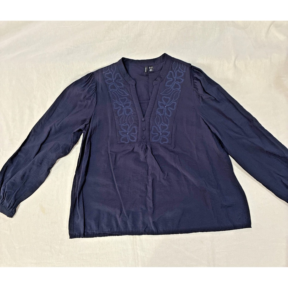 Women's Top Navy Blue XL Peasant Blouse Kari Embroidered Boho‎ Chic Relaxed Cozy